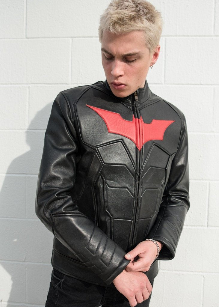 batman leather motorcycle backpack Mens Batman Armor Leather Motorcycle Jacket Red Bat Embossed